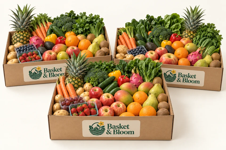 The Whole Patch: an illustrative seasonal fruit and vegetable assortment in a branded Basket & Bloom delivery box