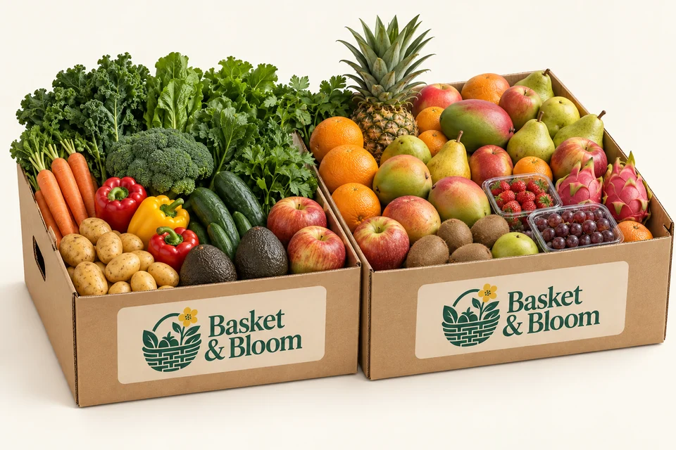 Family Feast: an illustrative seasonal fruit and vegetable assortment in a branded Basket & Bloom delivery box