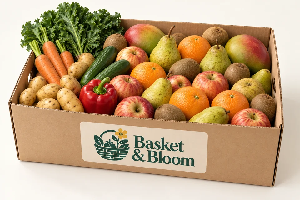 Little Patch: an illustrative seasonal fruit and vegetable assortment in a branded Basket & Bloom delivery box