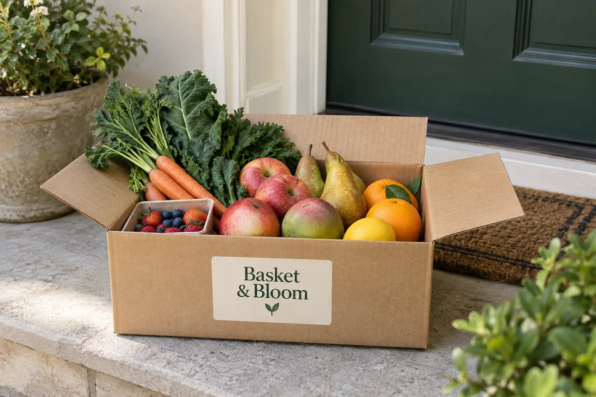 Illustrative Basket & Bloom produce box at a covered doorstep