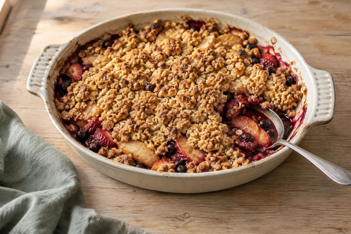 The fruit-bowl crumble: prepared recipe serving suggestion