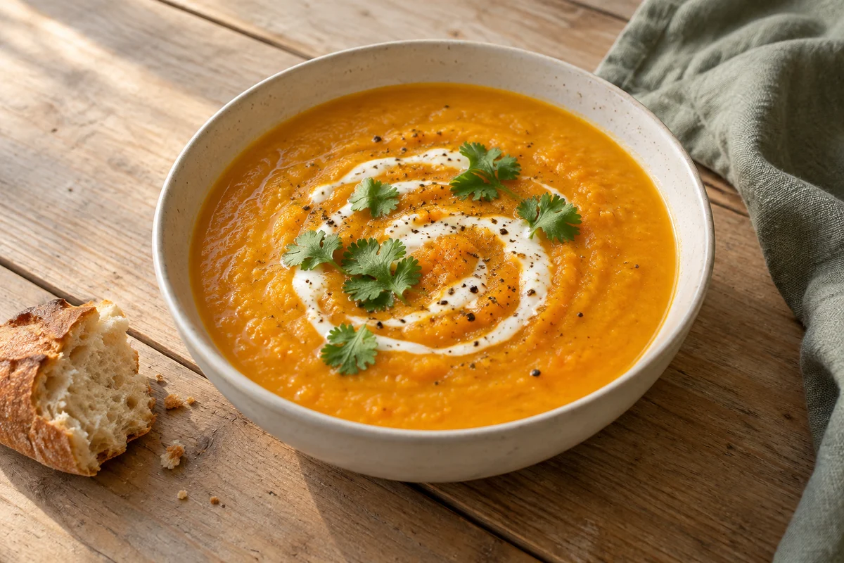 Carrot soup with a little kick: prepared recipe serving suggestion