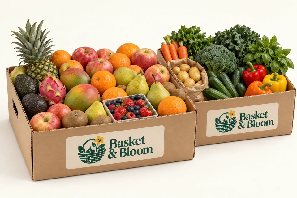 A branded Daily Harvest delivery box with a seasonal fruit and vegetable assortment; all prepaid terms include this same basket size